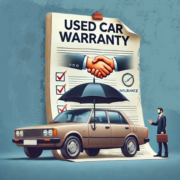 Darstellung der Gebrauchtwagengarantie mit einem Auto und einer Versicherungspolice